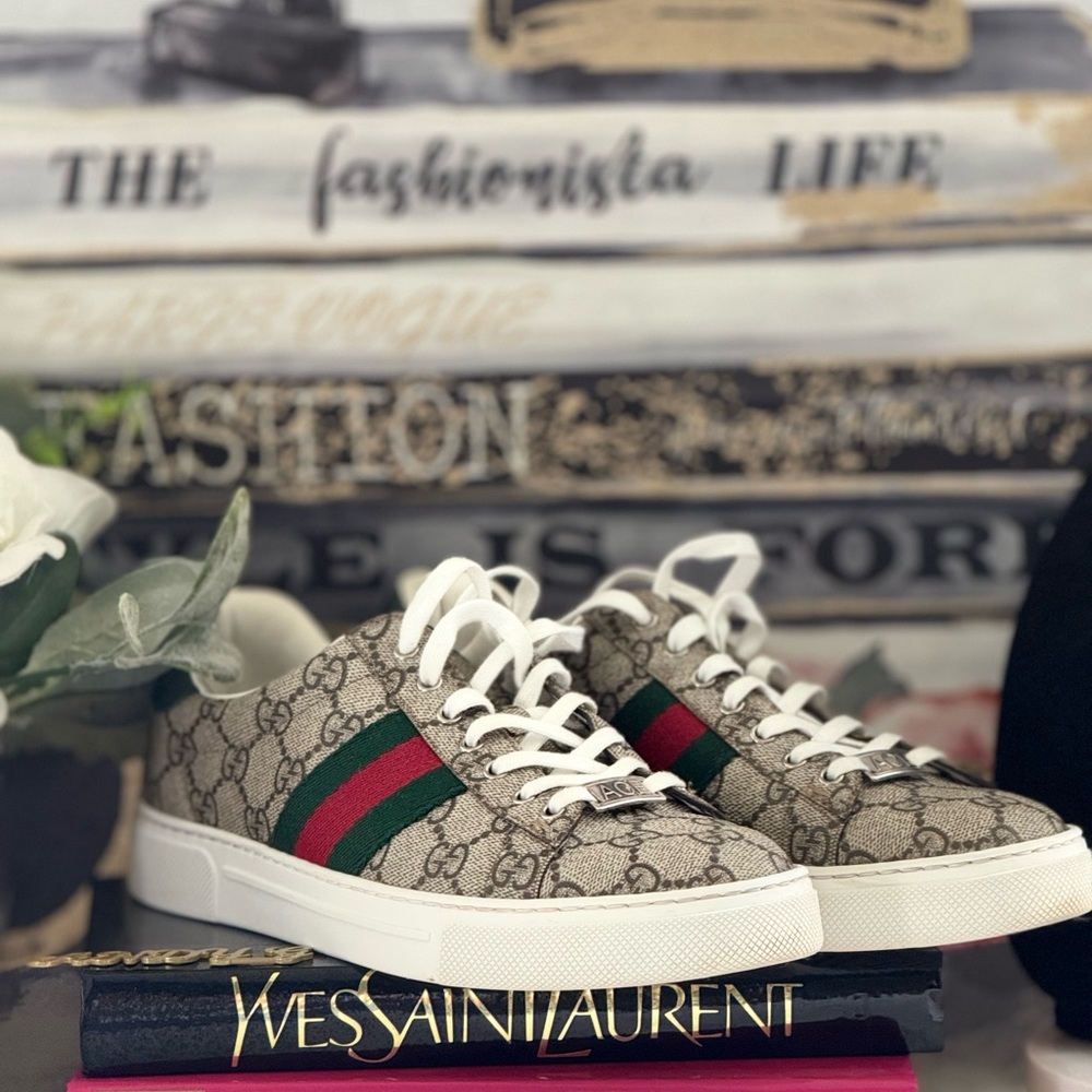 Gucci Monogram Sneakers with Red and Green Accents